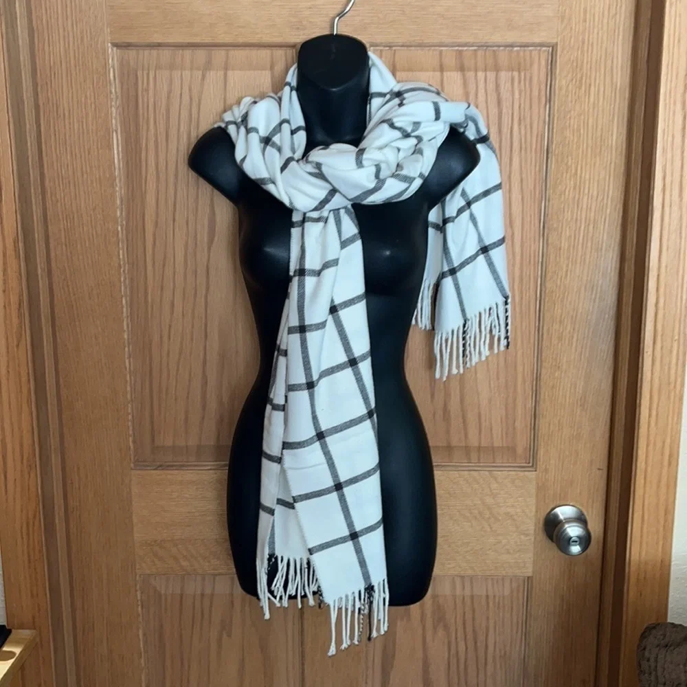 Winter white and black plaid wrap scarf